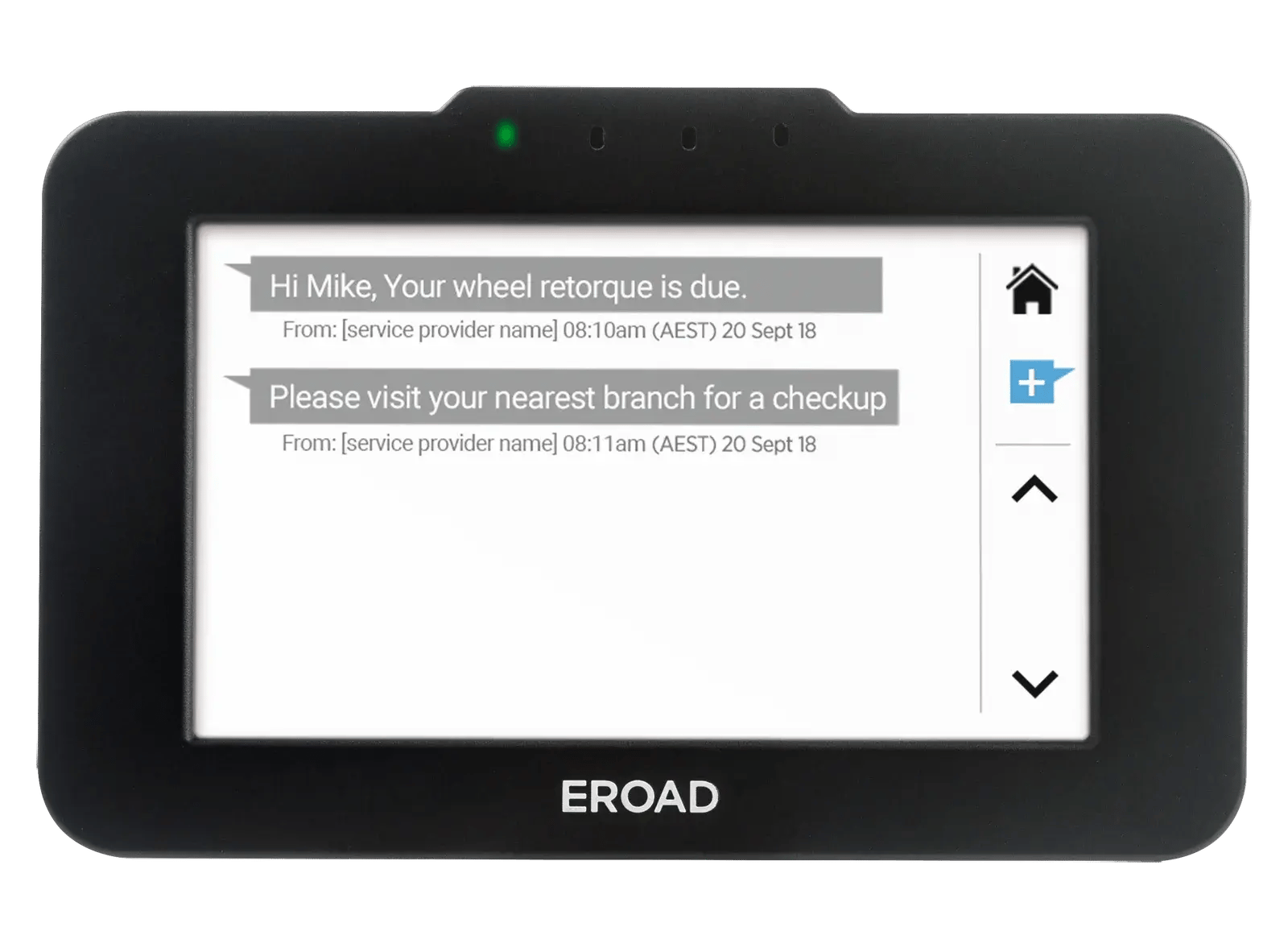 Ehubo2 screen showing messages that a wheel re-torque is due and asking the driver to visit the nearest branch for a checkup