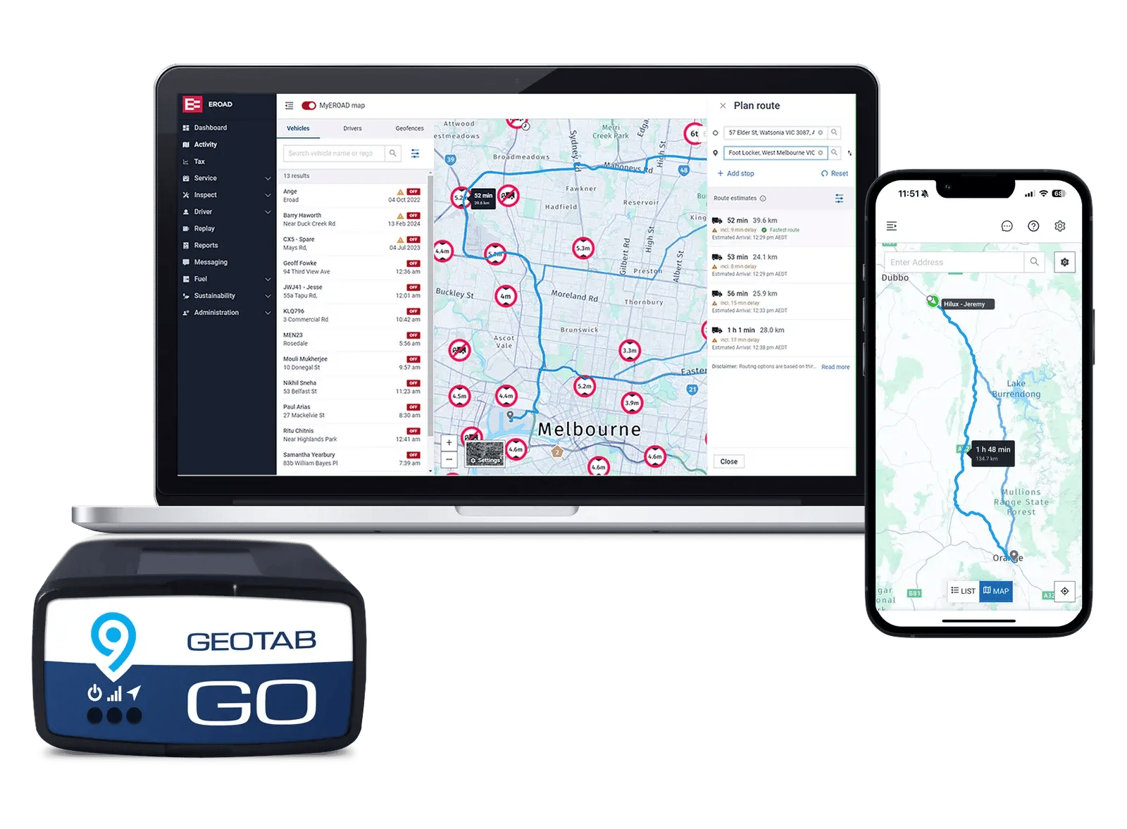 A Geotab GO device in front of the MyEROAD map on a laptop and a phone