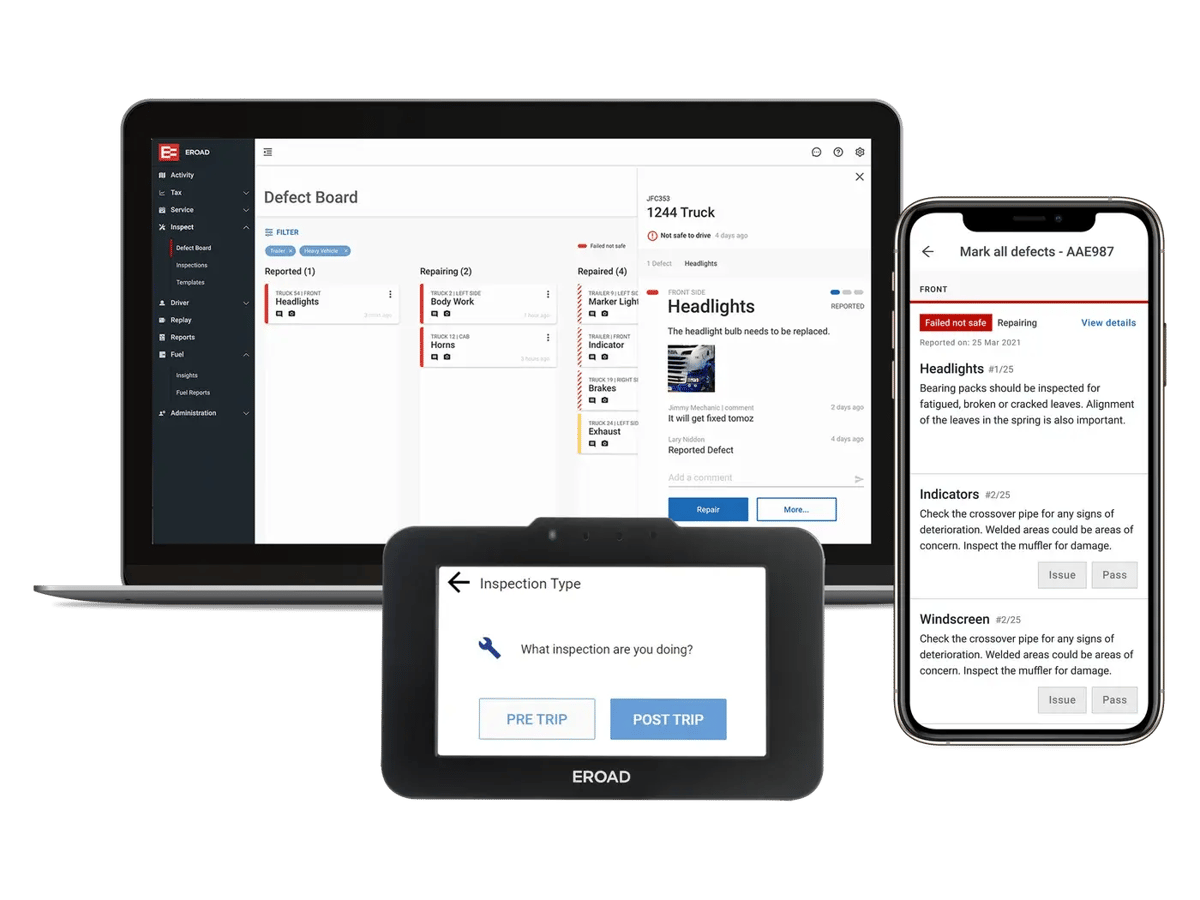 EROAD Inspect on a laptop, an Ehubo2 and a phone