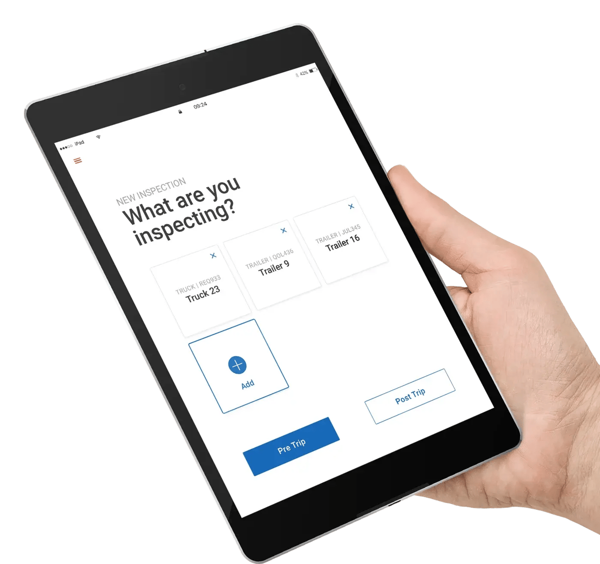 A hand holding a tablet showing EROAD Inspect asking What are you inspecting?, with a truck and two trailers to choose from