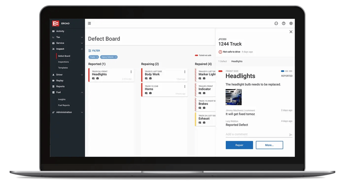 The EROAD Inspect Defect Board in MyEROAD on a laptop, showing defects by repair status