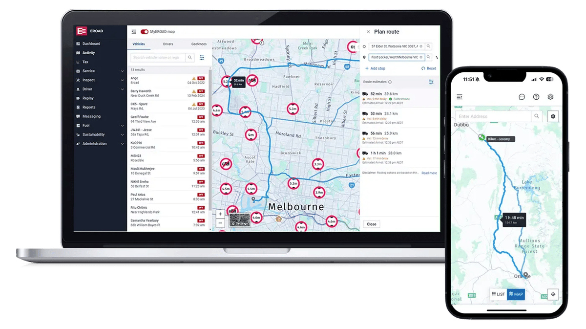 The MyEROAD map on a laptop planning a route around Melbourne, and on a phone showing a trip from Dubbo with its travel time