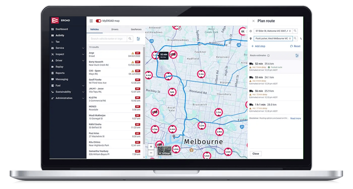 The MyEROAD map on a laptop, with vehicles around Melbourne and a planned route
