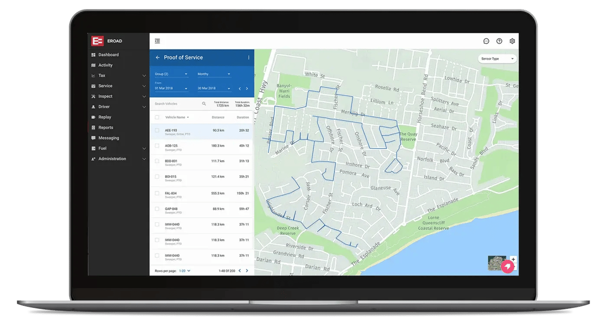 Proof of Service results in MyEROAD on a laptop: vehicle activity traced on a map beside a list of vehicles with distance and duration