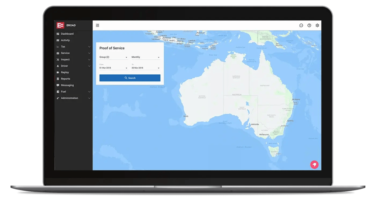 The Proof of Service search screen in MyEROAD on a laptop, over a map of Australia