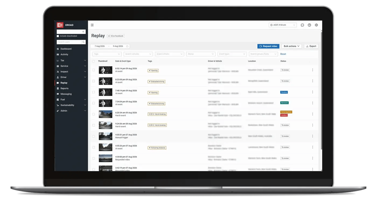 MyEROAD Replay on a laptop, listing dashcam video events with their tags