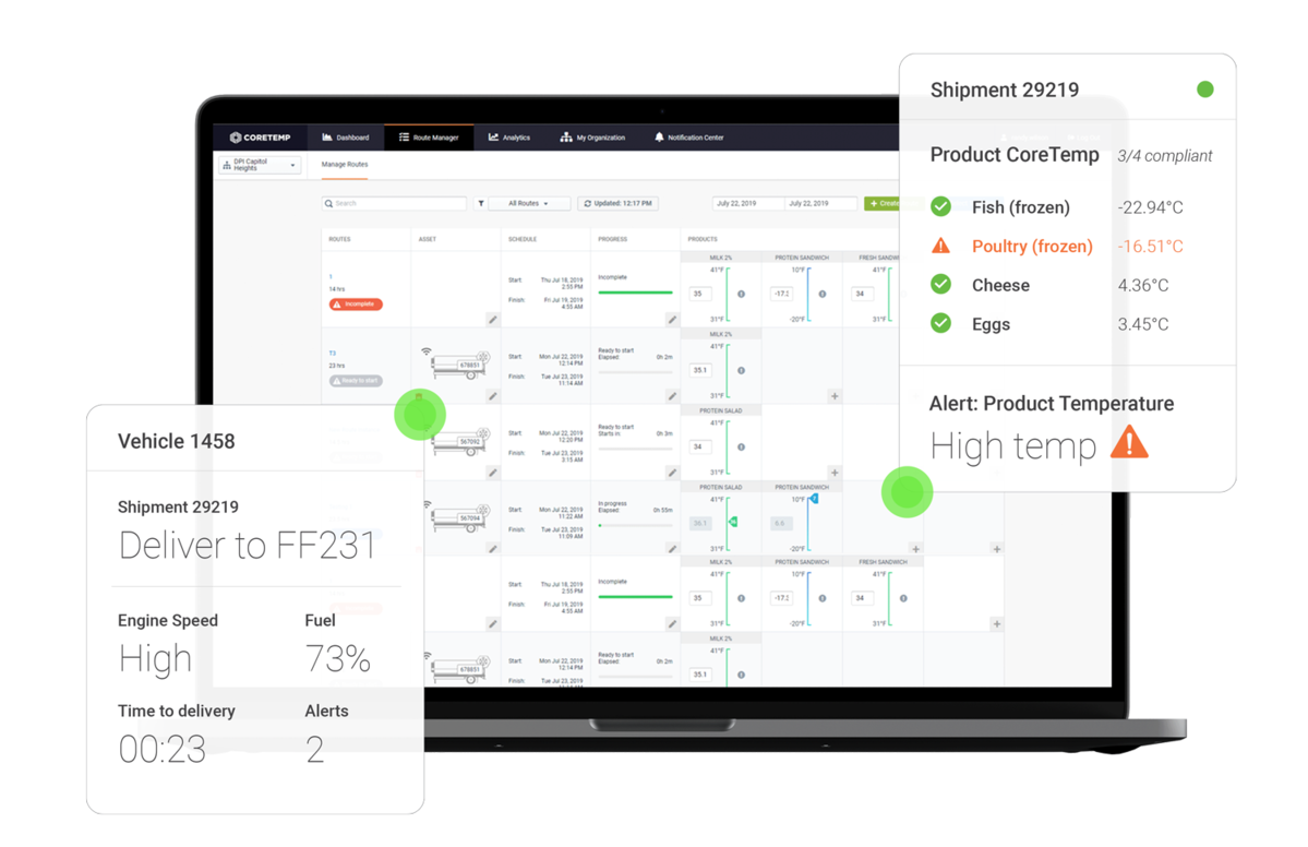 The CoreTemp product temperature dashboard open on a laptop