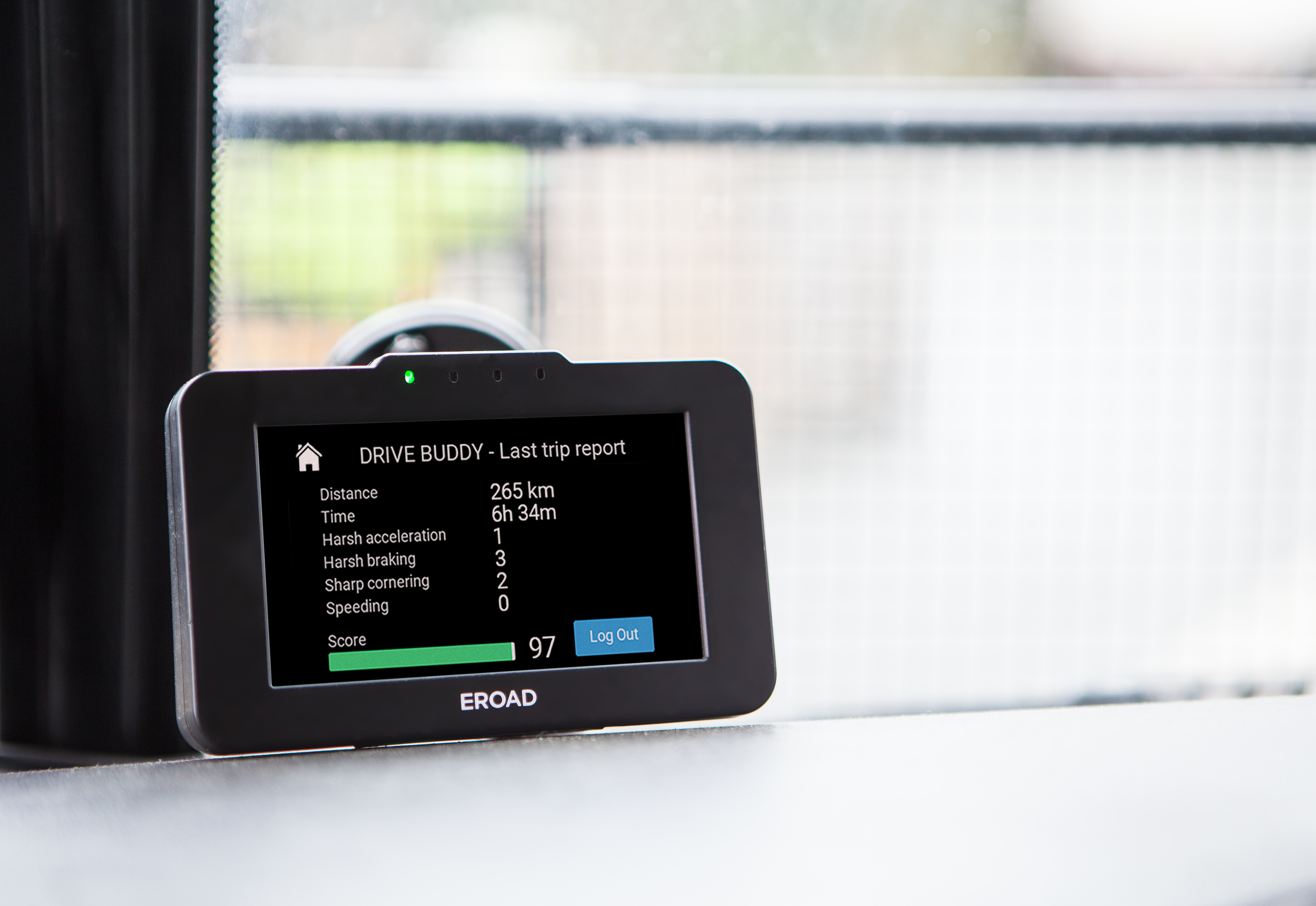 EROAD telematics device displaying driver score at end of a trip