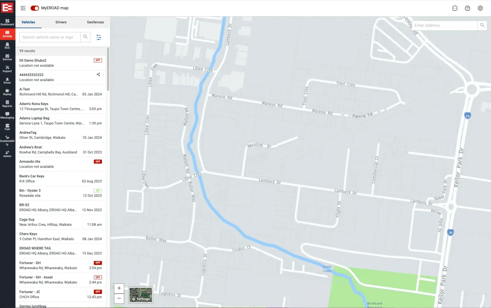 Image shows a screenshot of the Fleet Map in MyEROAD