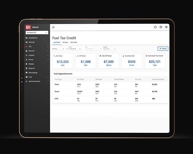 MyEROAD Fuel Tax Credit summary on a tablet