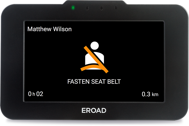 Ehubo2 in-cab screen showing a seatbelt reminder