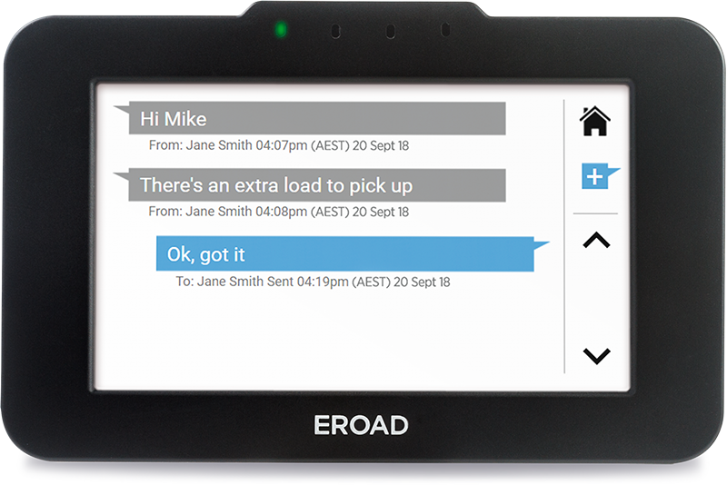 Ehubo2 in-cab unit showing the messaging screen