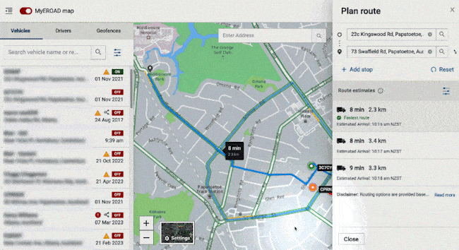 Planning a route with the MyEROAD route planner