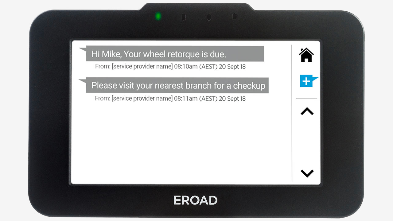 Ehubo2 in-cab screen showing a wheel re-torque due message from a tyre service provider