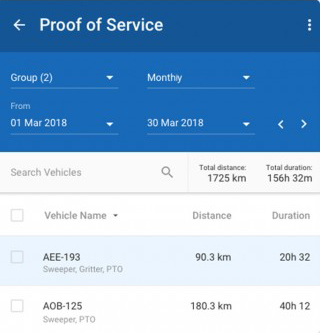 Proof of Service report listing vehicles with distance and duration for the month