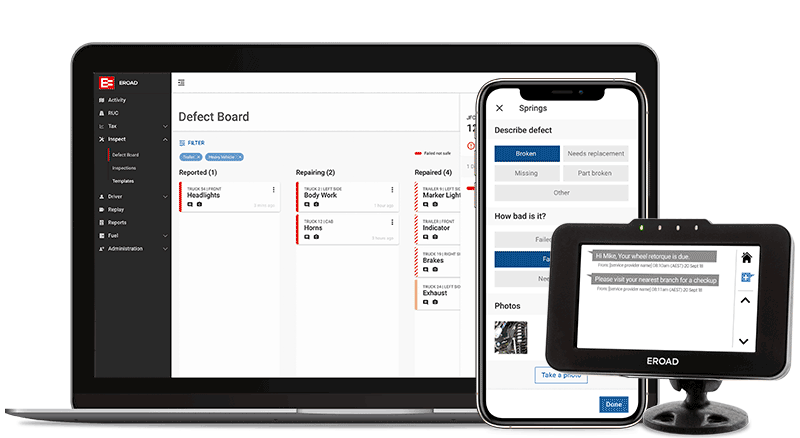 EROAD Inspect defect board on desktop with the mobile app and Ehubo2 in-cab device