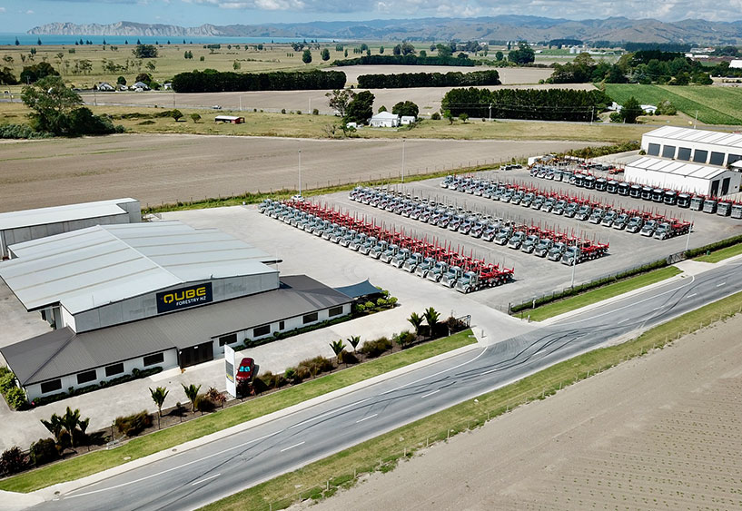 Aerial view of a Qube depot and its trailer fleet