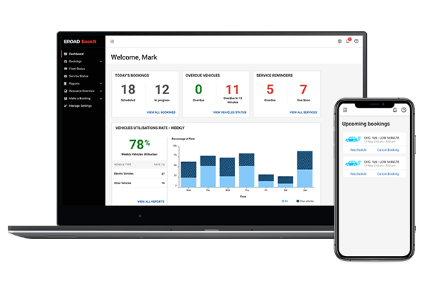 EROAD BookIt booking screens on a laptop and a mobile phone