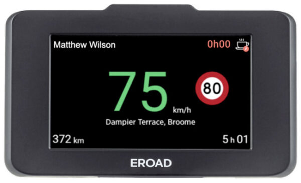 EROAD Ehubo screen showing driver name, current speed and a break timer
