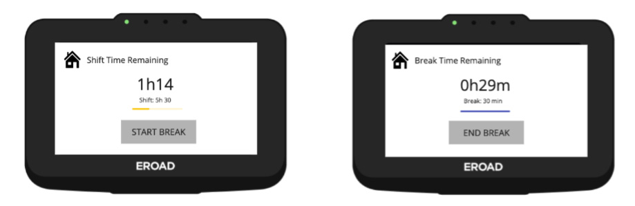 Two EROAD Ehubo screens showing shift time and break time countdown timers