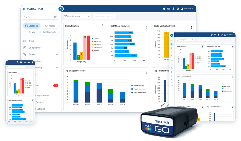 MyGeotab end-to-end dashboard with device mockup