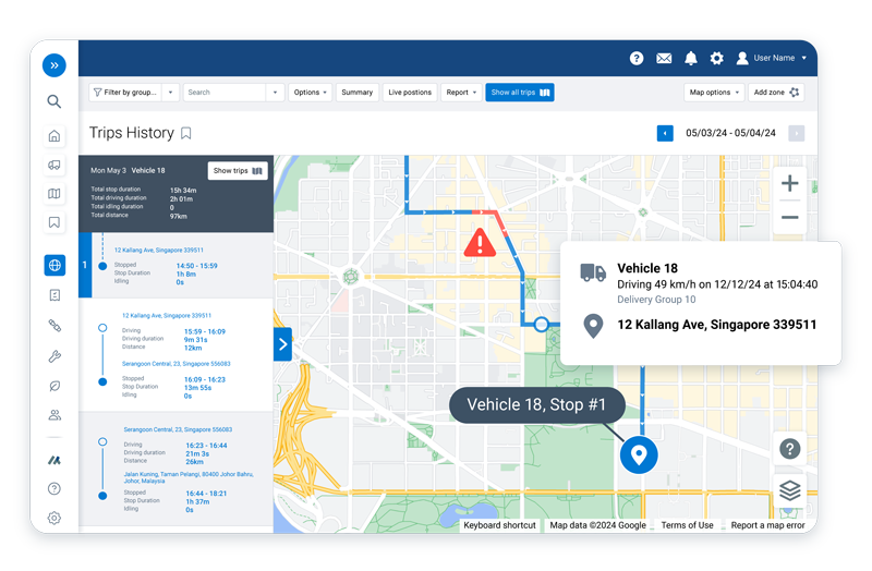MyGeotab screen showing a trips history pop-up on the map