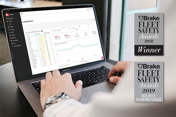 EROAD Leaderboard on a laptop, with Brake Fleet Safety Awards badges