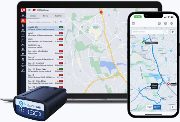 Geotab GO device with the MyEROAD map on a laptop and phone