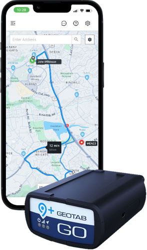 Geotab GO device with the MyEROAD map on a phone