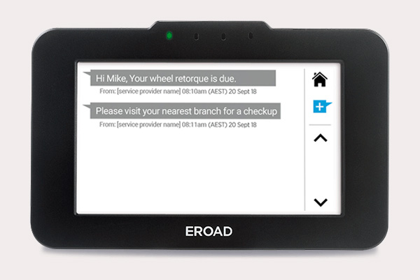 EROAD Ehubo2 in-cab screen showing a wheel re-torque due message from a service provider