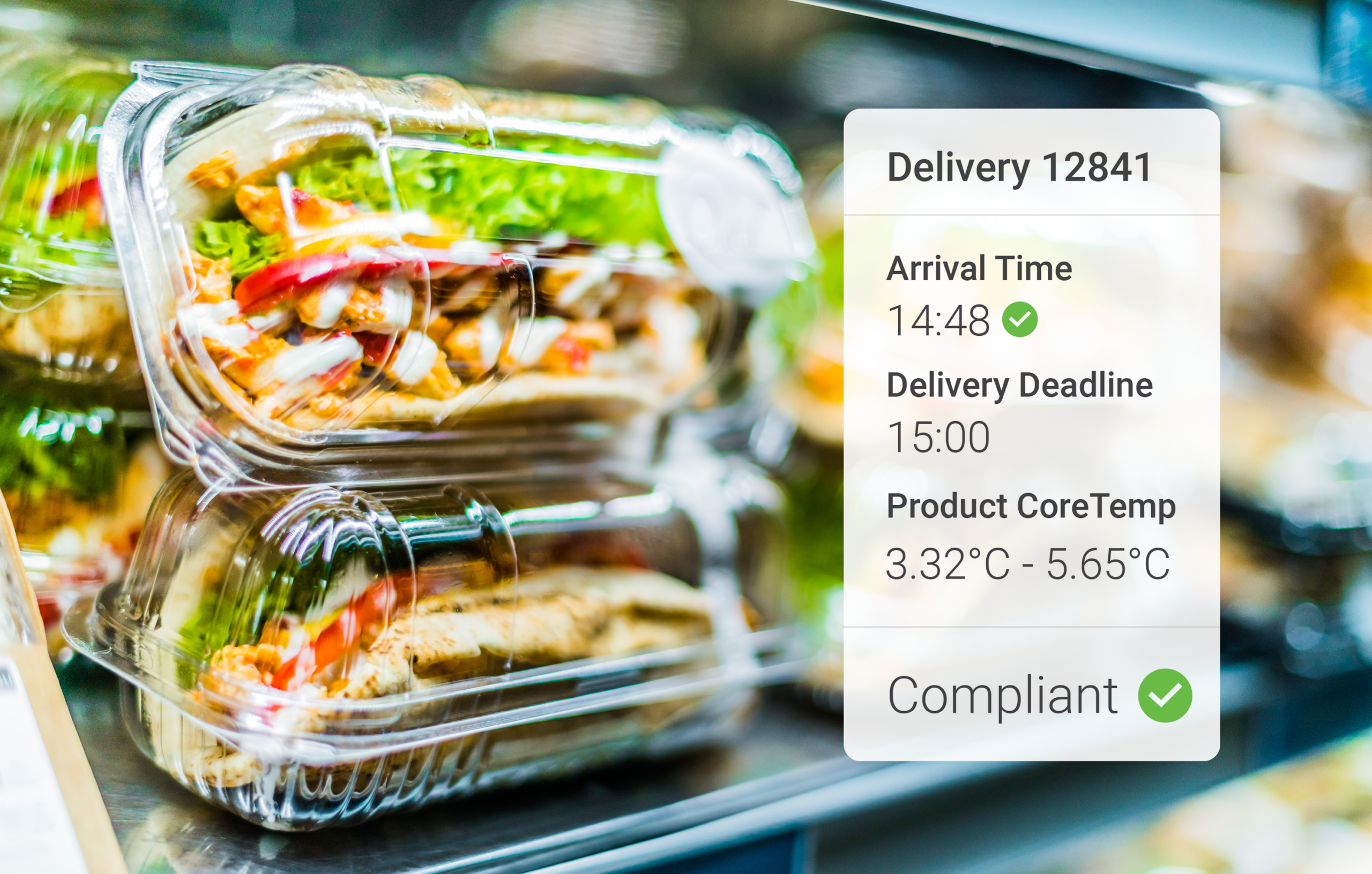 Packaged fresh food in a chiller with a CoreTemp product temperature compliance overlay