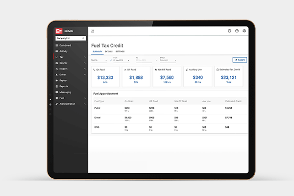 MyEROAD Fuel Tax Credit summary screen on a tablet