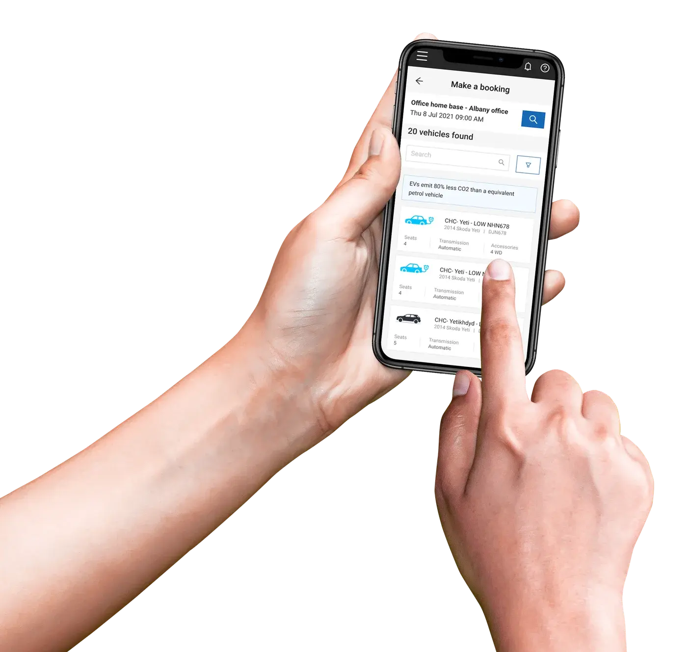 Two hands holding a phone showing the EROAD BookIt Make a booking screen with available vehicles