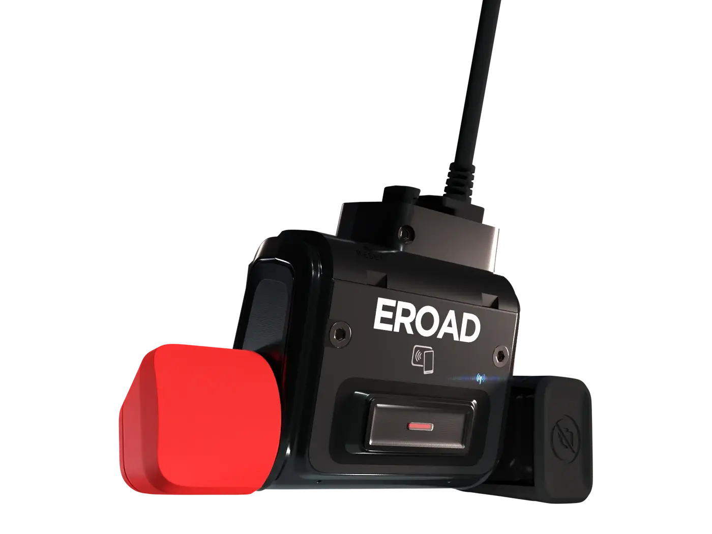 The EROAD Clarity Locate unit with its red privacy lens caps fitted