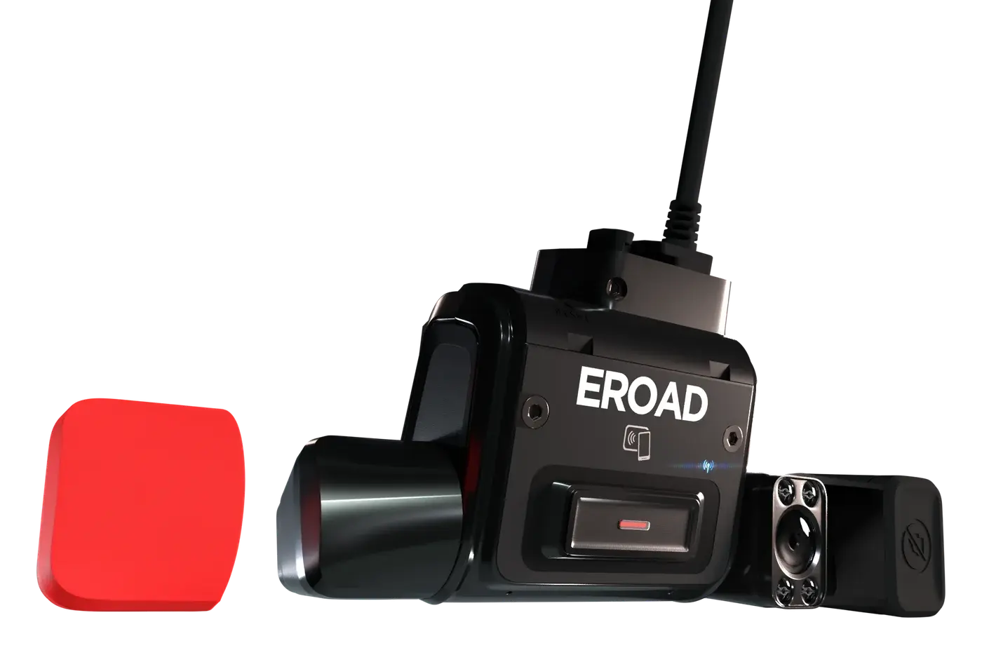 The EROAD Clarity unit with its road and driver-facing cameras uncovered and the tap-to-log-in symbol on the front