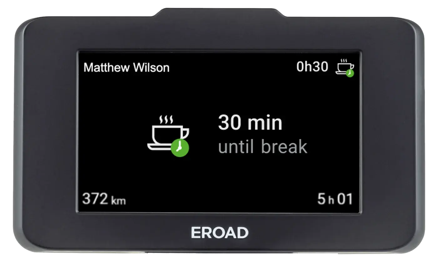 Ehubo2 screen showing Drive Buddy Fatigue counting down 30 minutes until the next break