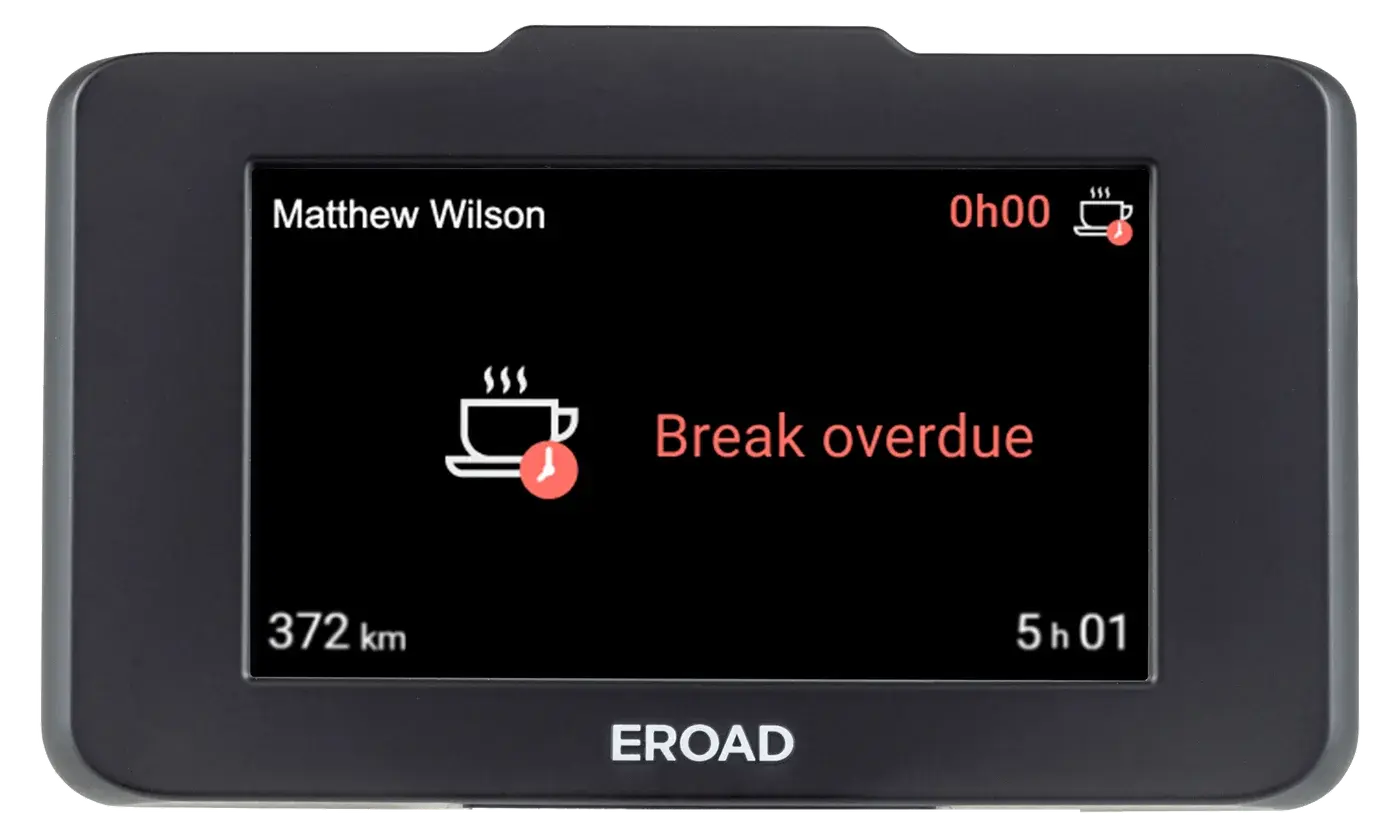 Ehubo2 screen showing a Drive Buddy Fatigue Break overdue alert with shift time and distance