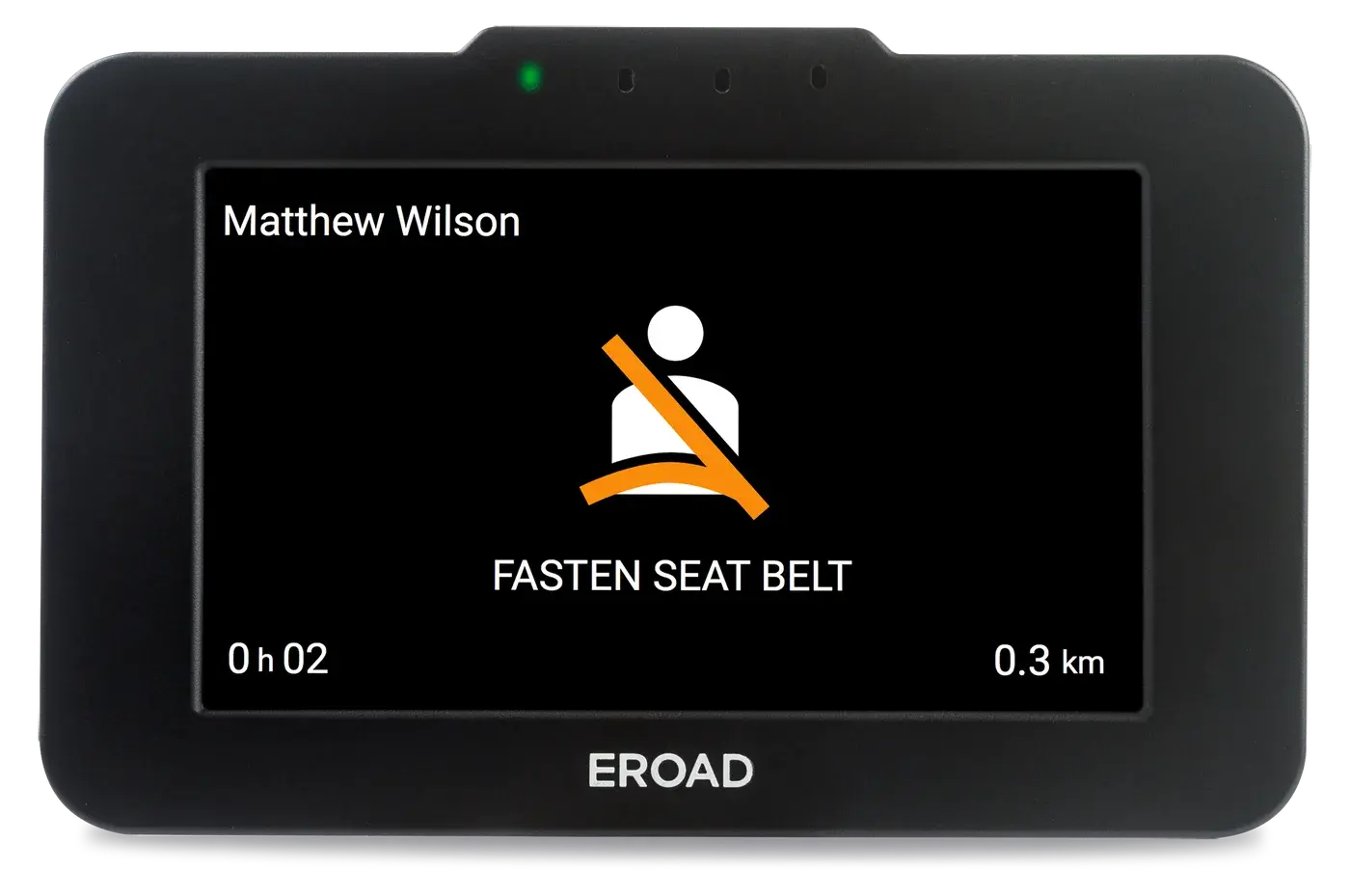 Ehubo2 screen showing a Fasten seat belt alert with a seatbelt warning icon