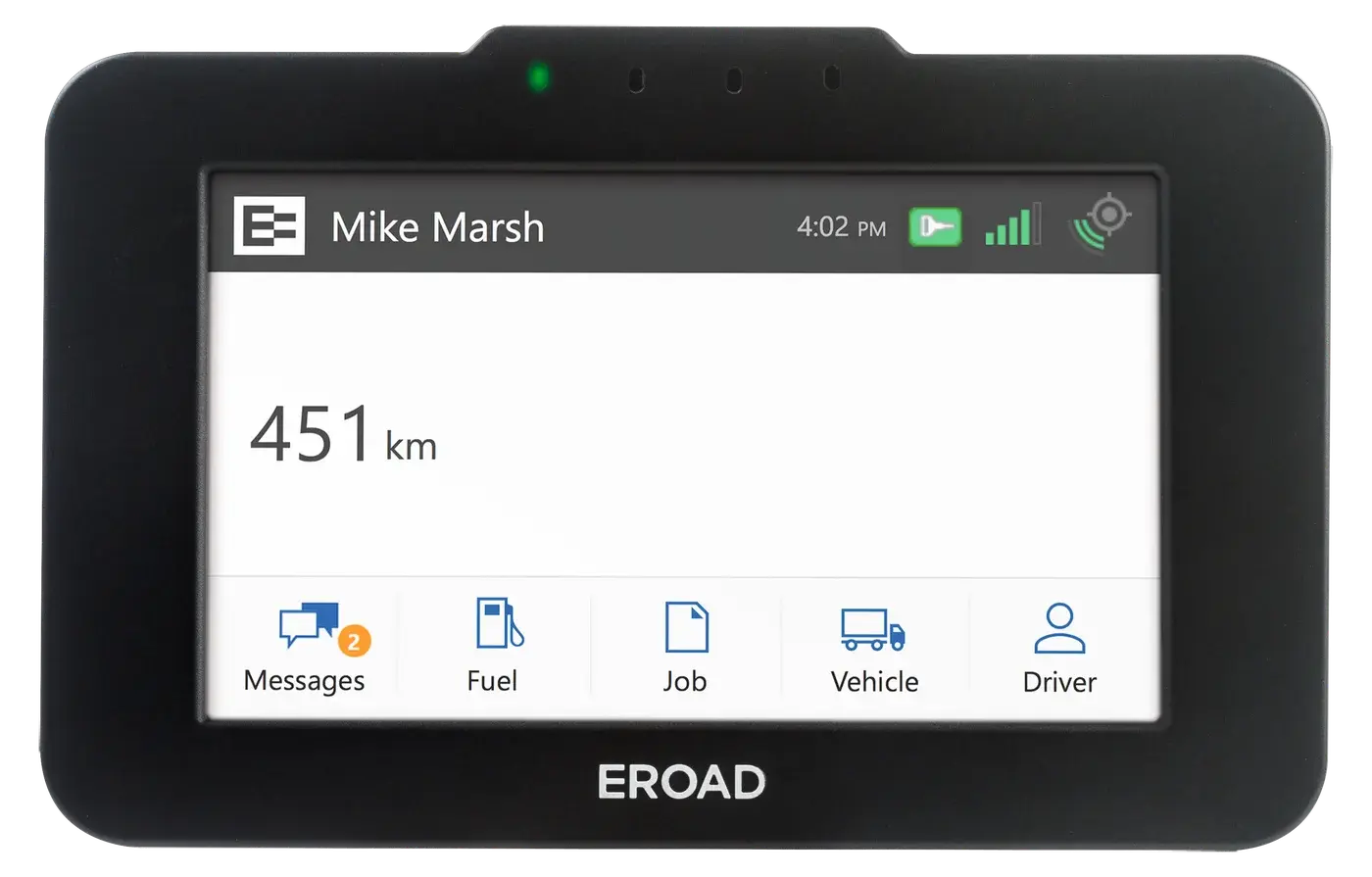 Ehubo2 home screen with a new message notification on the Messages button and the odometer in km