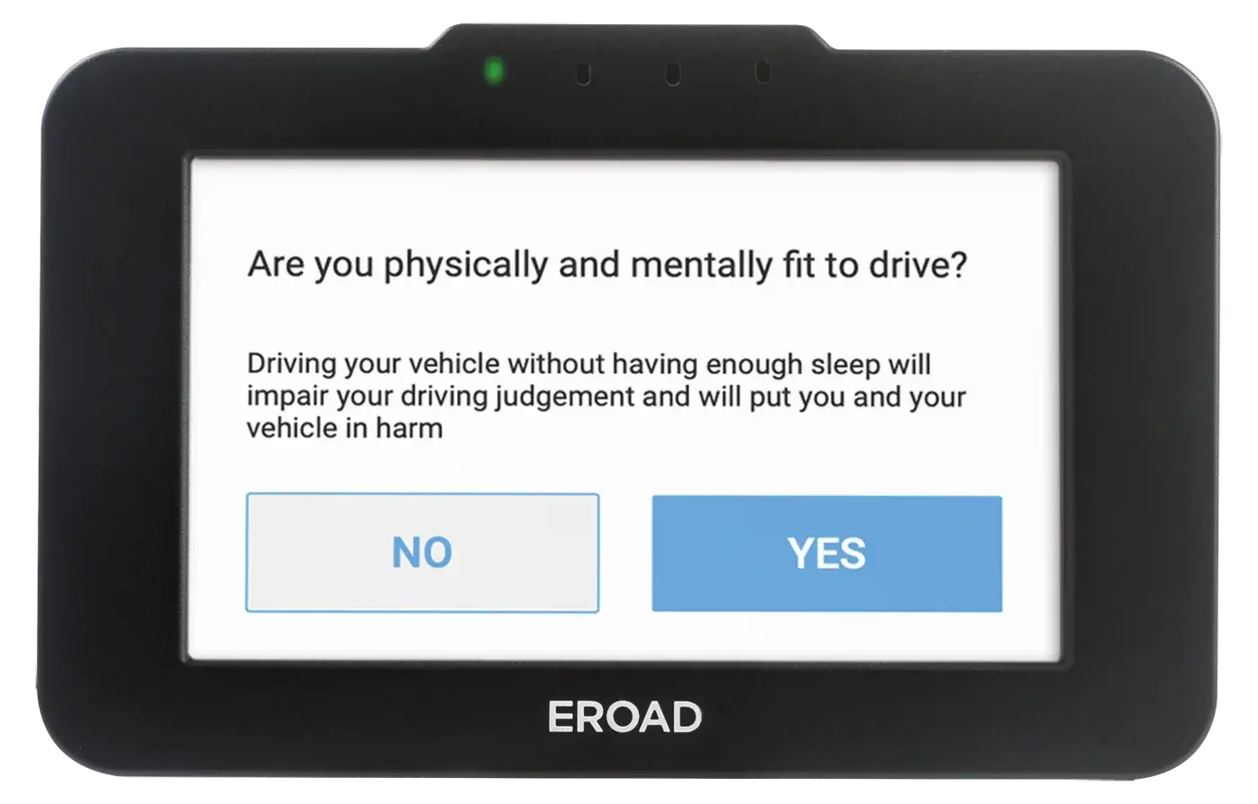 Ehubo2 screen asking the driver, Are you physically and mentally fit to drive?, with No and Yes buttons