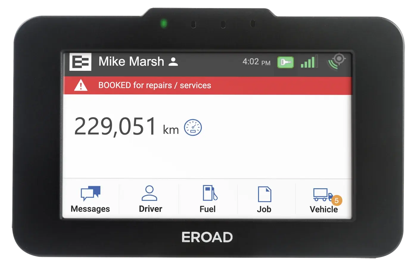Ehubo2 home screen with a red alert bar reading Booked for repairs or services, above an odometer reading in kilometres