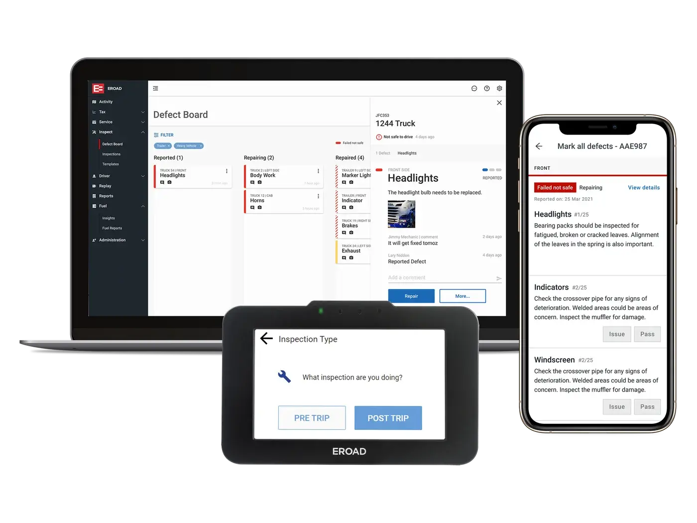 EROAD Inspect on a laptop, an Ehubo2 and a phone