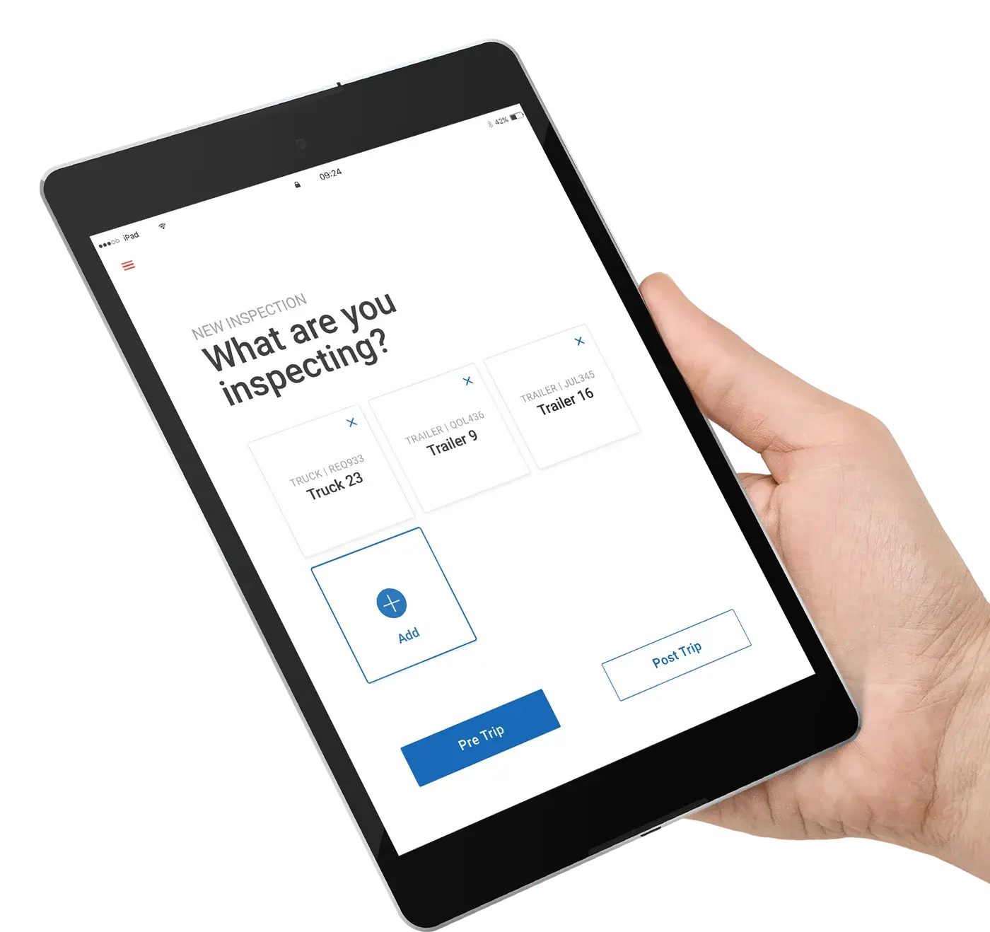 A hand holding a tablet showing EROAD Inspect asking What are you inspecting?, with a truck and two trailers to choose from