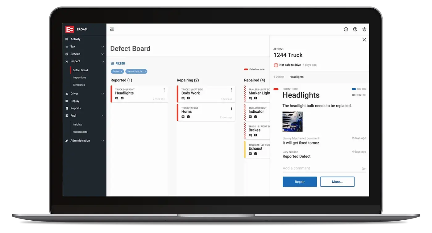The Defect Board in MyEROAD on a laptop, with reported, repairing and repaired defects