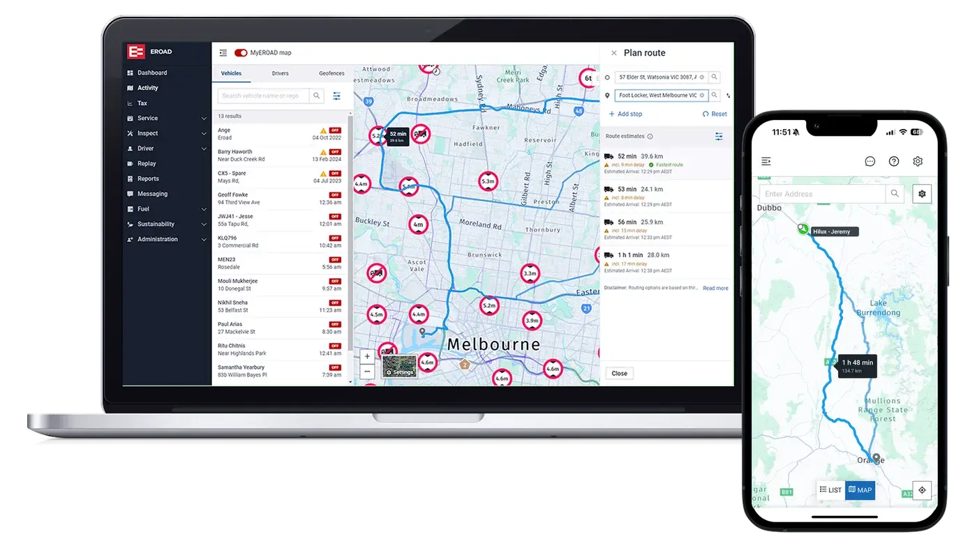 The MyEROAD map on a laptop planning a route around Melbourne, and on a phone showing a trip from Dubbo with its travel time