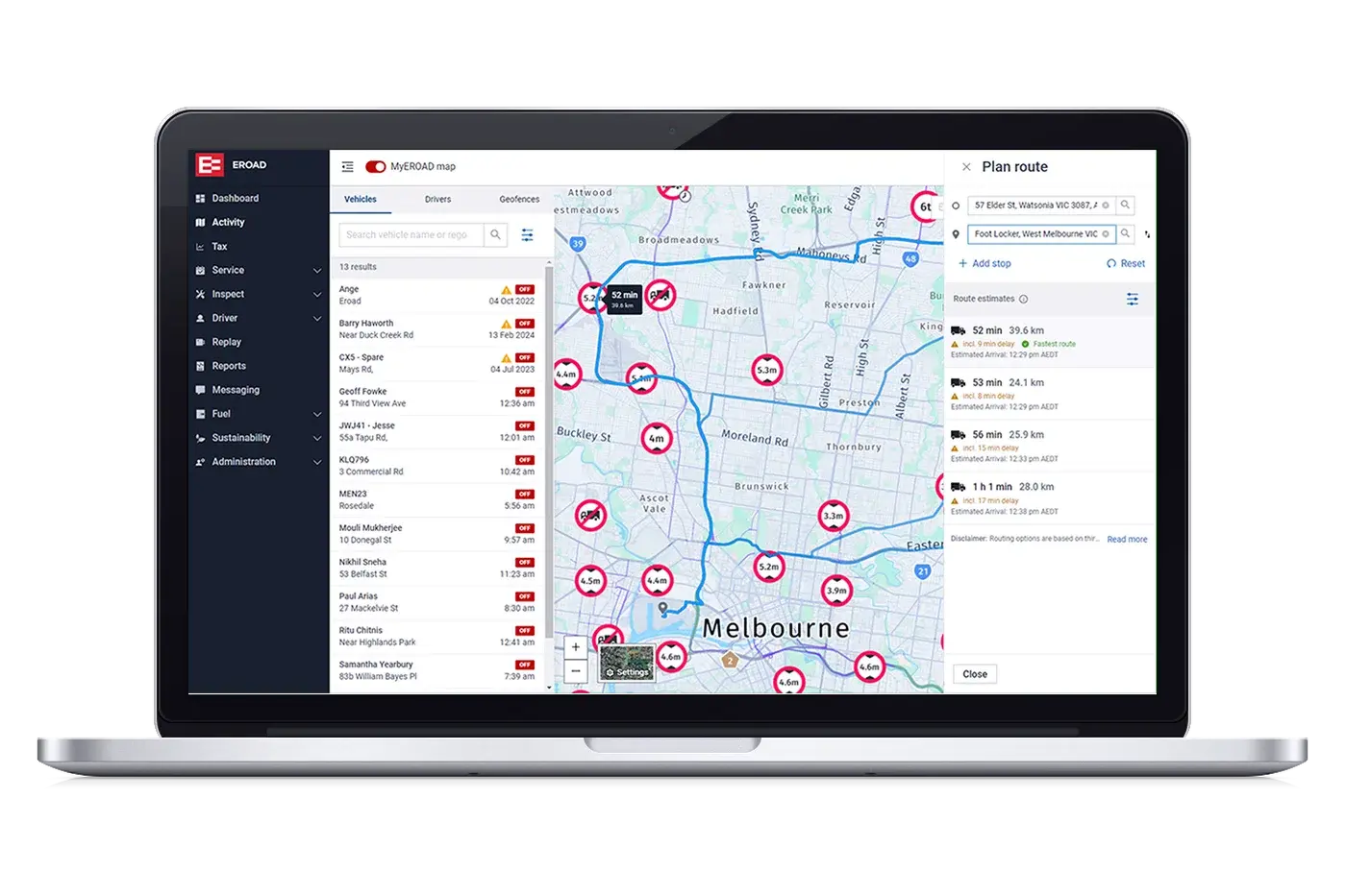 The MyEROAD map on a laptop, showing vehicle locations and a planned route around Melbourne