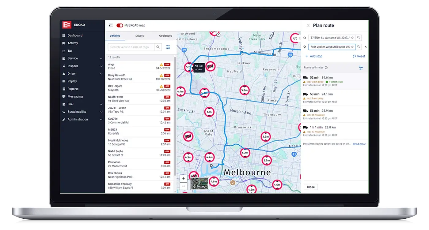 The current MyEROAD map on a laptop, with vehicles around Melbourne and a planned route with travel times