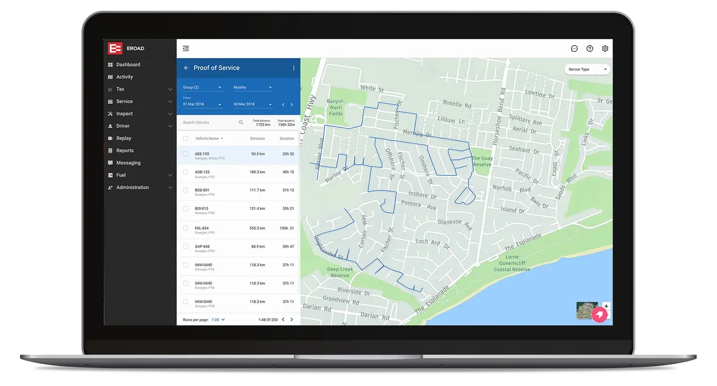Proof of Service results in MyEROAD on a laptop: vehicle activity traced on a map beside a list of vehicles with distance and duration