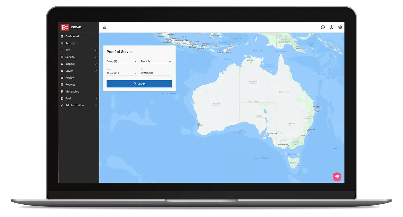 The Proof of Service search screen in MyEROAD on a laptop, over a map of Australia