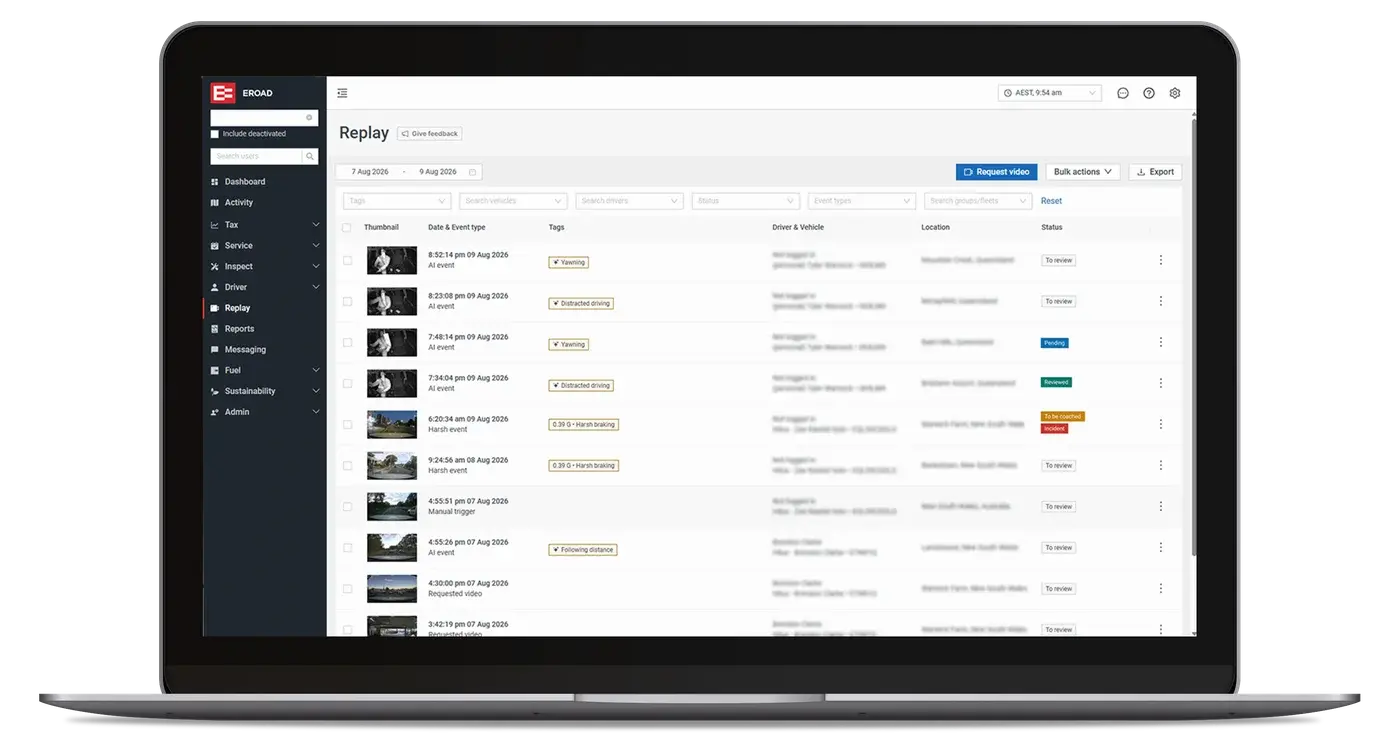 MyEROAD Replay on a laptop, listing dashcam video events with their tags